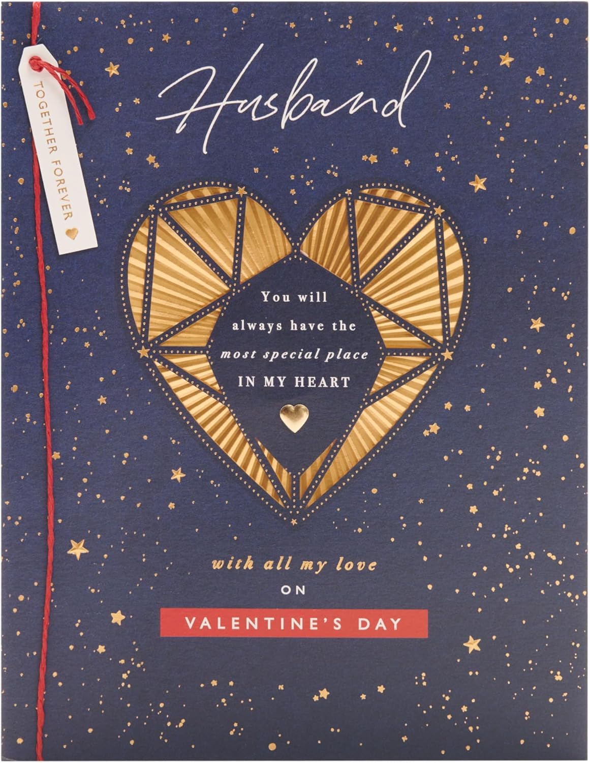 UK Greetings Valentine's Day card for husband featuring an intricate gold heart design, perfect for expressing love.