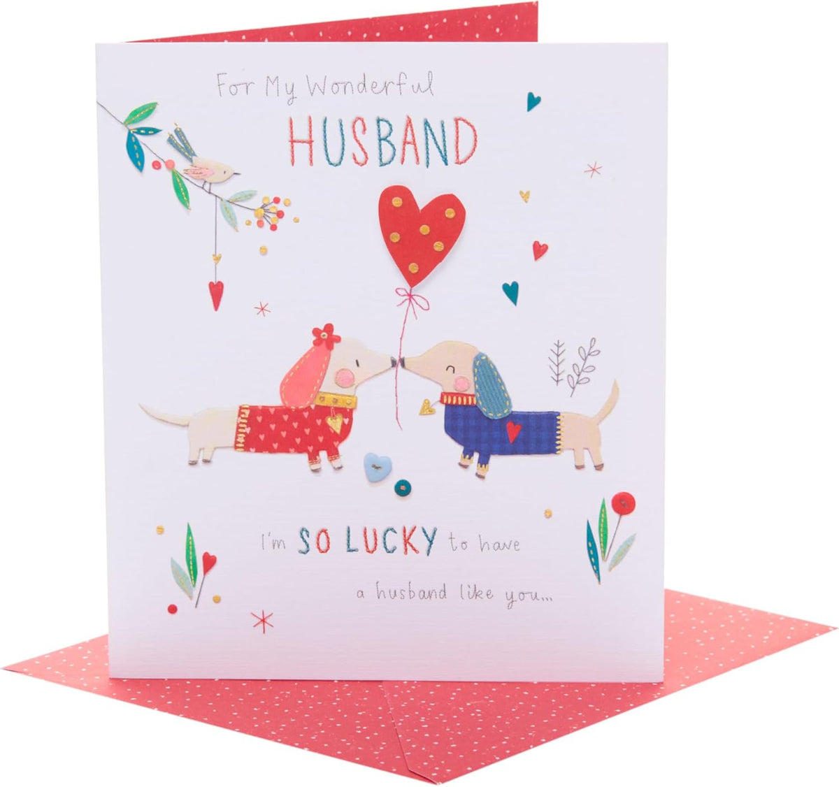 UK Greetings Valentine's Day card for husband featuring adorable dogs and heartfelt love message in a charming greeting card design.
