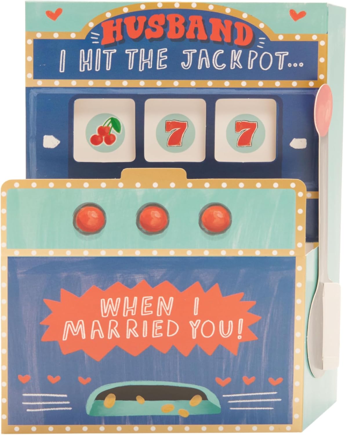 UK Greetings Valentine's Day card for husband featuring a pop-up jackpot slot machine design, with colorful and playful details.