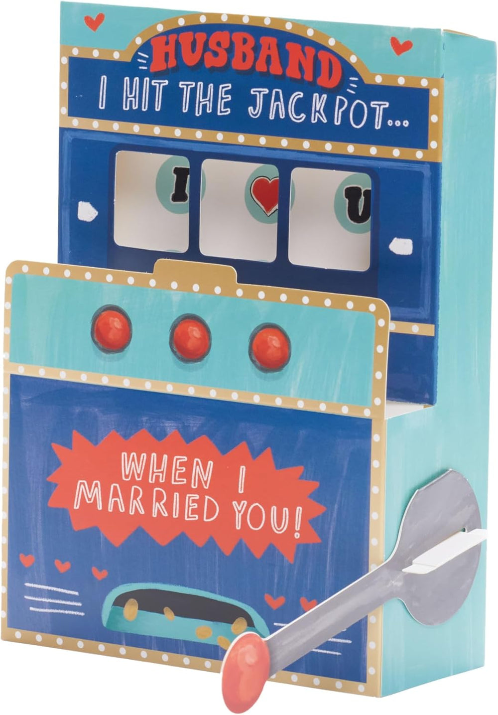 UK Greetings Valentine's Day card for husband featuring a pop-up jackpot slot machine design, perfect for celebrating love.