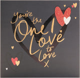 UK Greetings Valentine's Day greeting card for the one I love featuring elegant golden font design and romantic message.