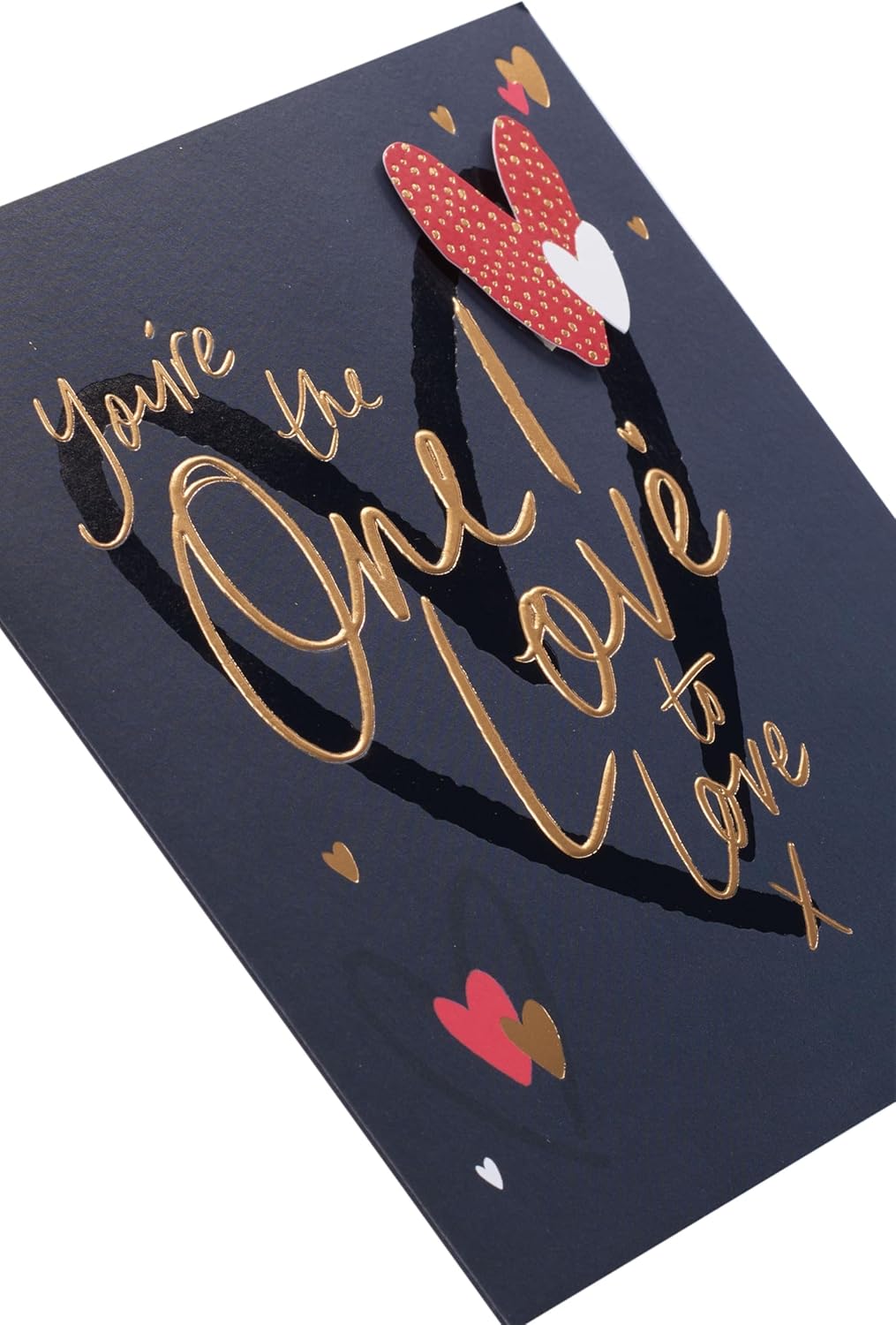 UK Greetings Valentine's Day greeting card for the one I love featuring elegant golden font design and romantic message.
