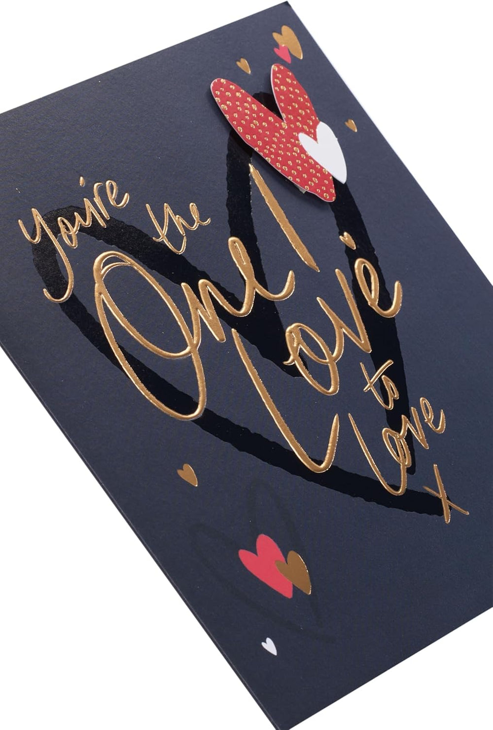 UK Greetings Valentine's Day greeting card for the one I love featuring elegant golden font design and romantic message.