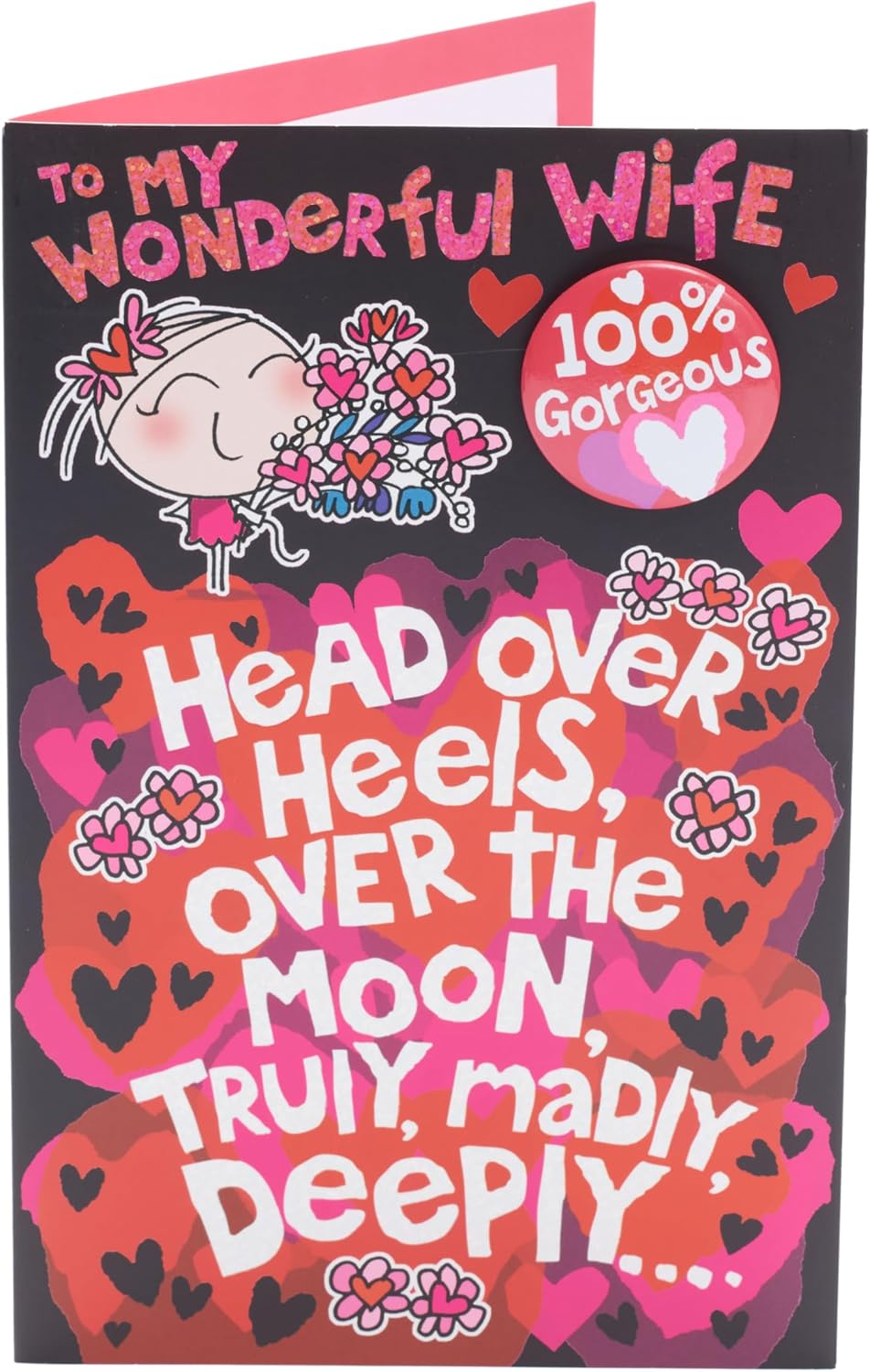 UK Greetings Valentine's Day card for wife featuring a cute design and a decorative badge, ideal for expressing love and affection.