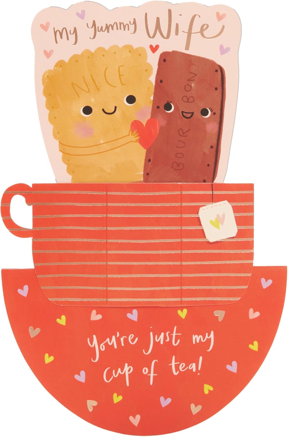 UK Greetings Valentine's Day greeting card for wife featuring a pop-up tea and biscuits design, showcasing a romantic and charming scene.