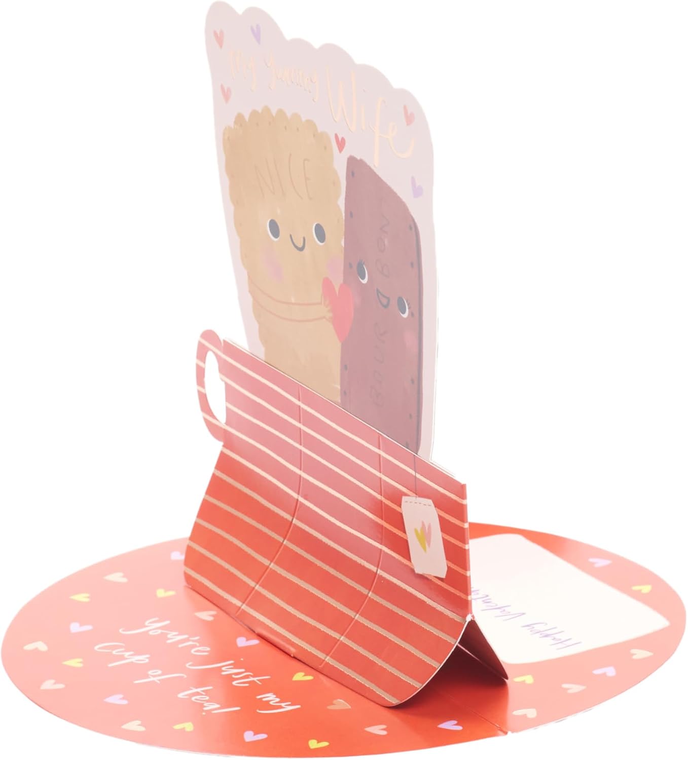UK Greetings Valentine's Day card for wife featuring a pop-up tea and biscuits design, perfect for expressing love on special occasions.