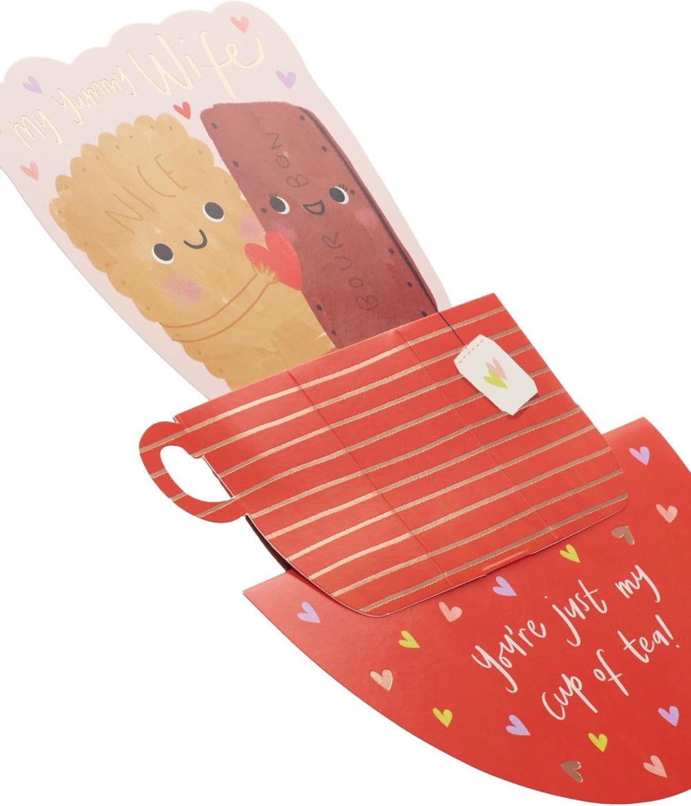 UK Greetings Valentine's Day card for wife featuring a pop-up tea and biscuits design, perfect for expressing love and appreciation.