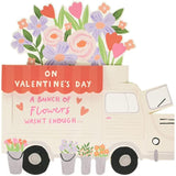 UK Greetings Valentine’s Day card for her featuring a pop-up flower truck design with an envelope, ideal for expressing love.