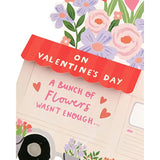 UK Greetings Valentine's Day card for her featuring a pop-up flower truck design with envelope, ideal for romantic occasions.