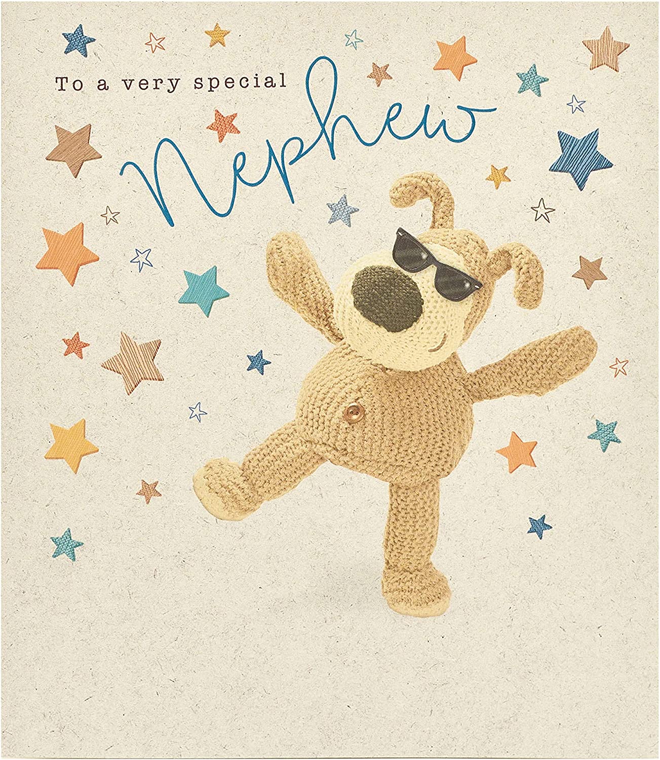 UK Greetings Very Special Nephew Boofle birthday card featuring colorful illustrations and cheerful design for celebrating special occasions.