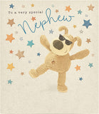UK Greetings Very Special Nephew Boofle birthday card featuring colorful illustrations and cheerful design for celebrating special occasions.