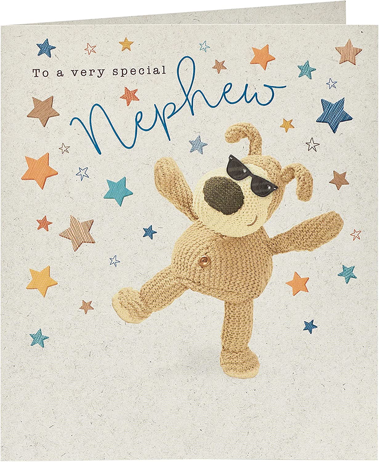 UK Greetings Very Special Nephew Boofle birthday card featuring colorful illustrations and cheerful design for celebrating nephews.
