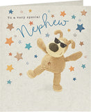 UK Greetings Very Special Nephew Boofle birthday card featuring colorful illustrations and cheerful design for celebrating nephews.