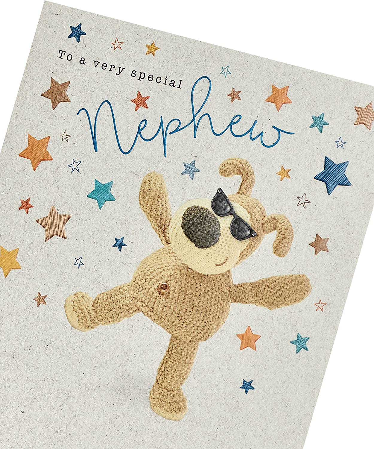 UK Greetings Very Special Nephew Boofle birthday card featuring colorful illustrations and cheerful design for celebrating nephews.