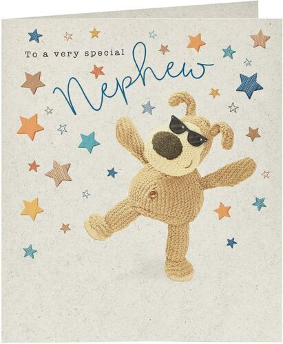 UK Greetings Very Special Nephew Boofle birthday card featuring colorful illustrations and cheerful design for celebrating a nephew.