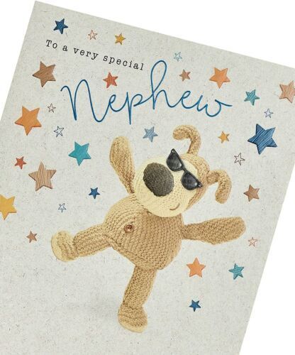UK Greetings Very Special Nephew Boofle birthday card featuring colorful illustrations and cheerful design for celebrating a nephew.