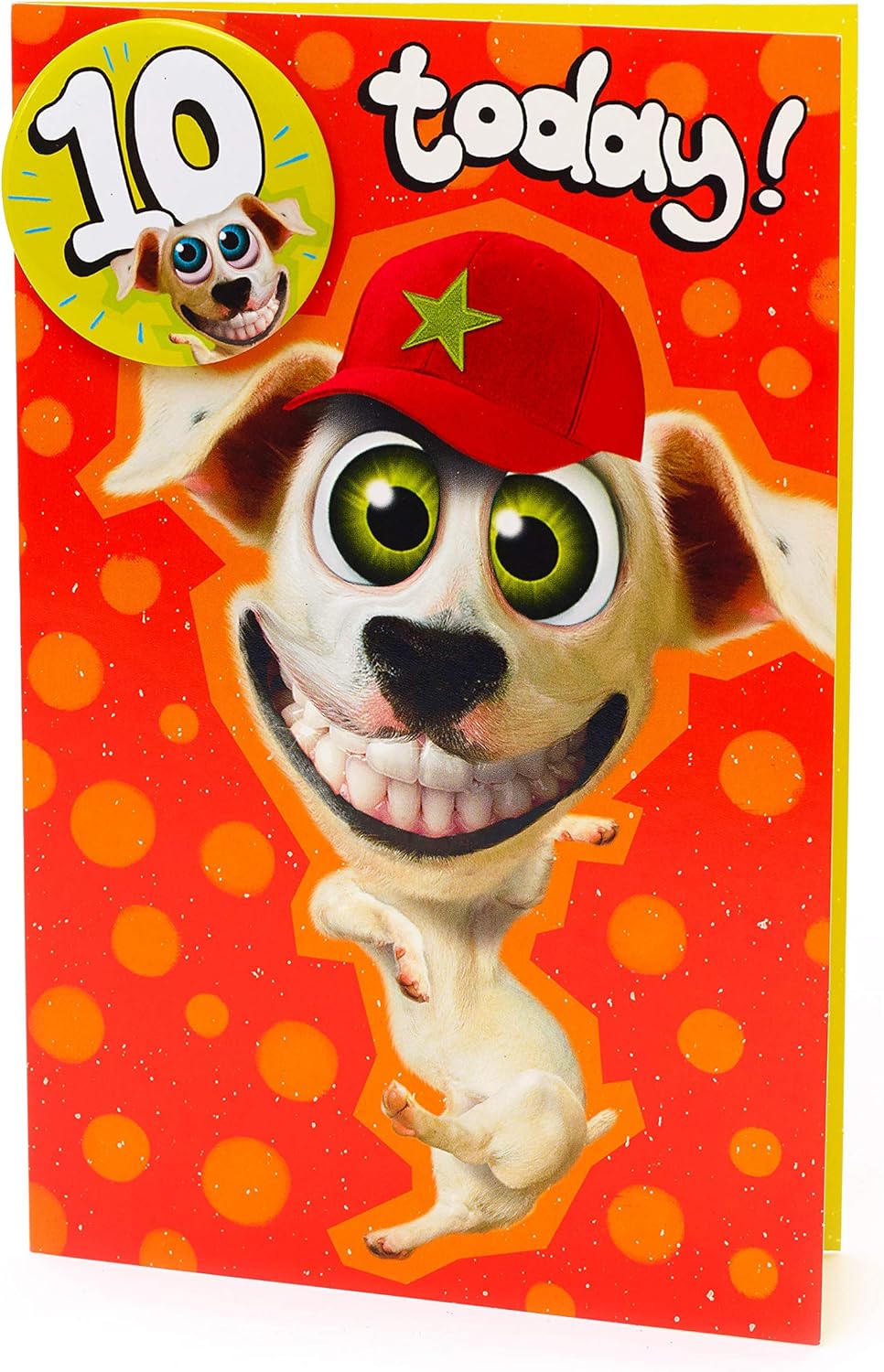 UK Greetings Wacky Dog 10th Birthday Card featuring colorful dog design and included badge, perfect for celebrating a child's birthday.