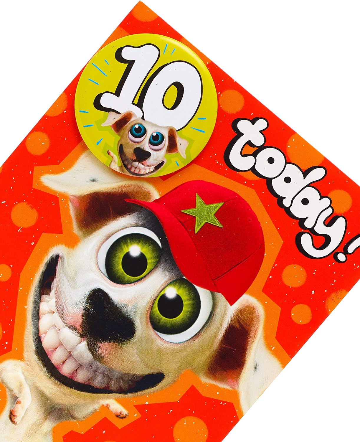 UK Greetings Wacky Dog 10th Birthday Card featuring colorful dog design with badge included, ideal for celebrating a child's birthday.