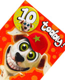UK Greetings Wacky Dog 10th Birthday Card featuring colorful dog design with badge included, ideal for celebrating a child's birthday.
