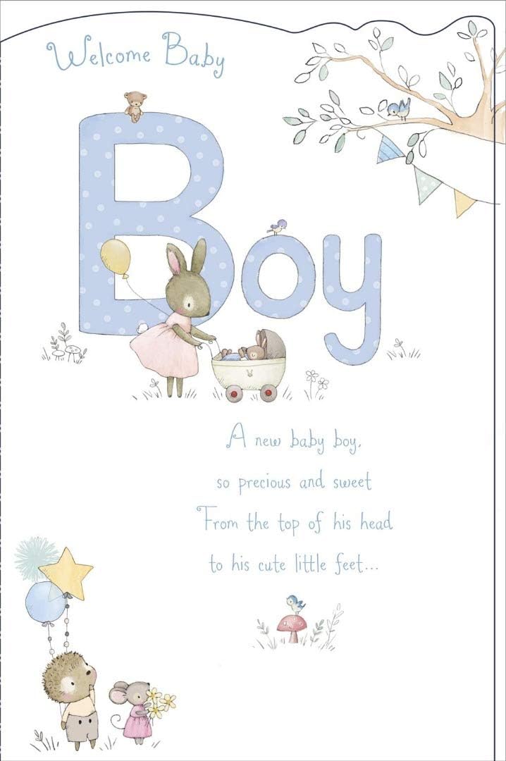 UK Greetings Welcome Baby Boy greeting card featuring soft pastel colors and adorable baby boy illustrations inside.