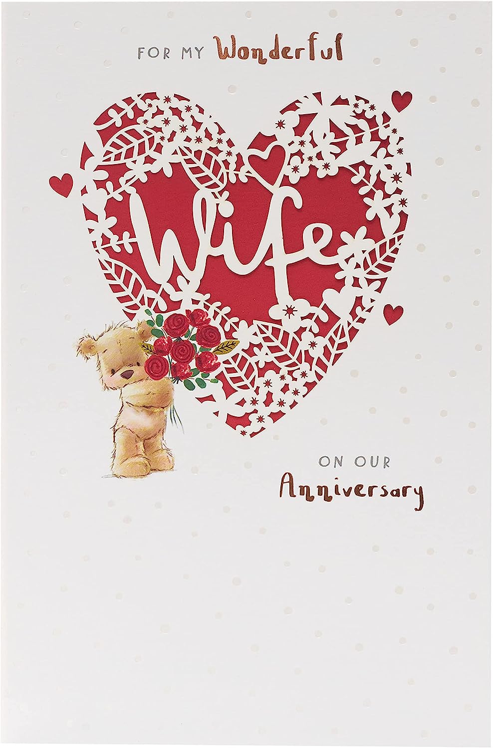 UK Greetings wife anniversary greeting card with laser-cut red heart design, featuring elegant craftsmanship and heartfelt sentiment.