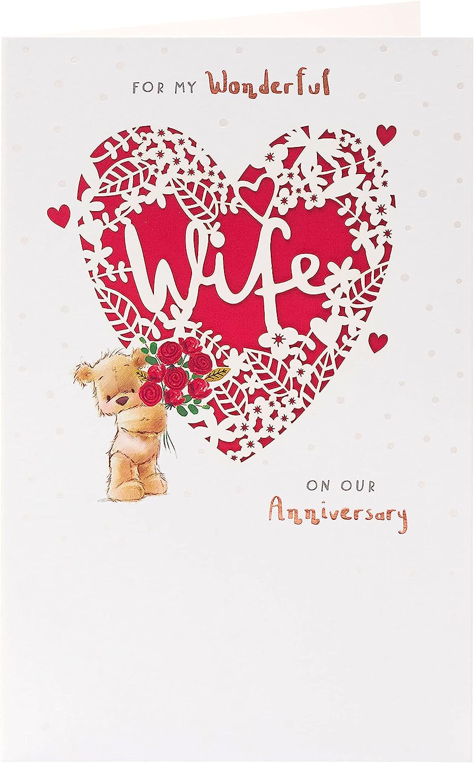 UK Greetings wife anniversary greeting card with laser-cut red heart design, showcasing elegant craftsmanship and romantic detail.