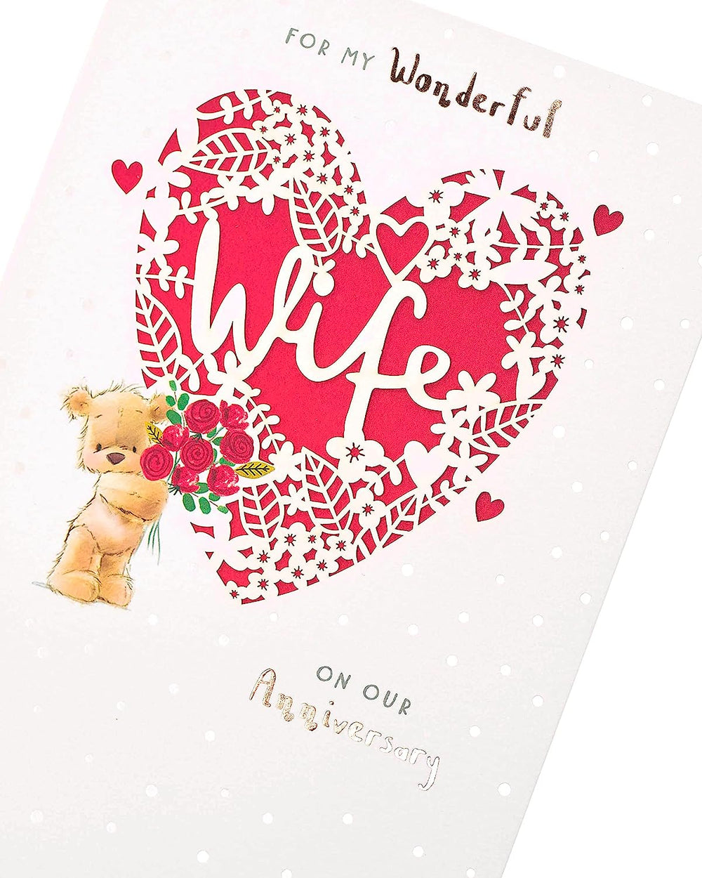 UK Greetings wife anniversary greeting card featuring a laser-cut red heart design, perfect for celebrating love and special occasions.