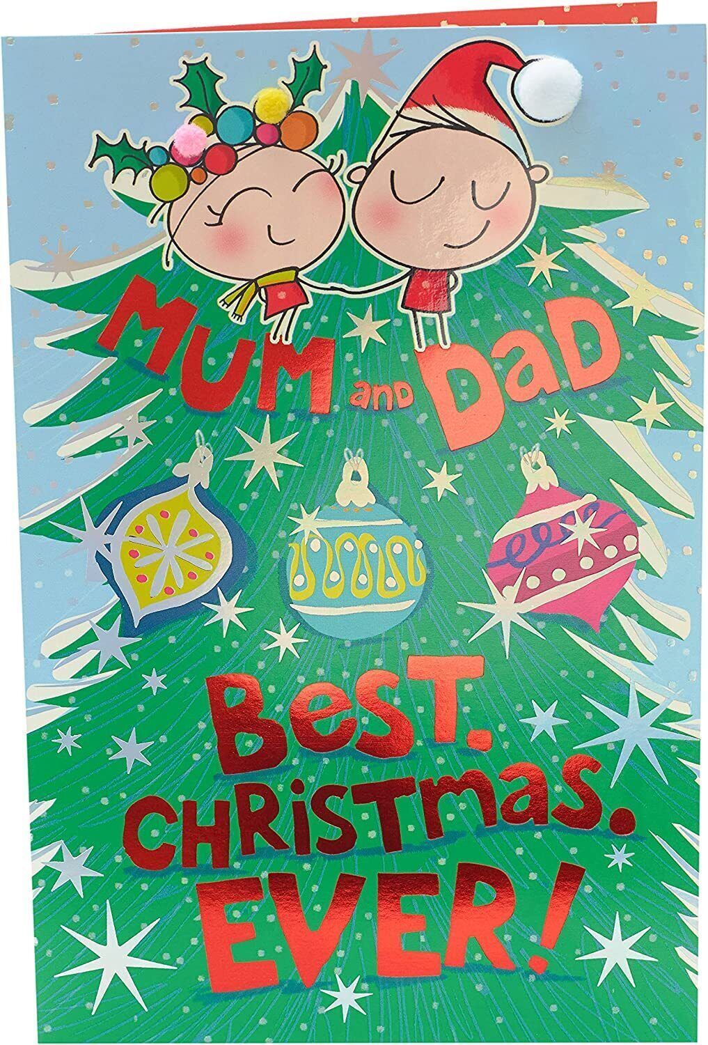 UK Greetings Wig Wam Mum and Dad Christmas Card featuring colorful festive design and holiday greetings for parents.