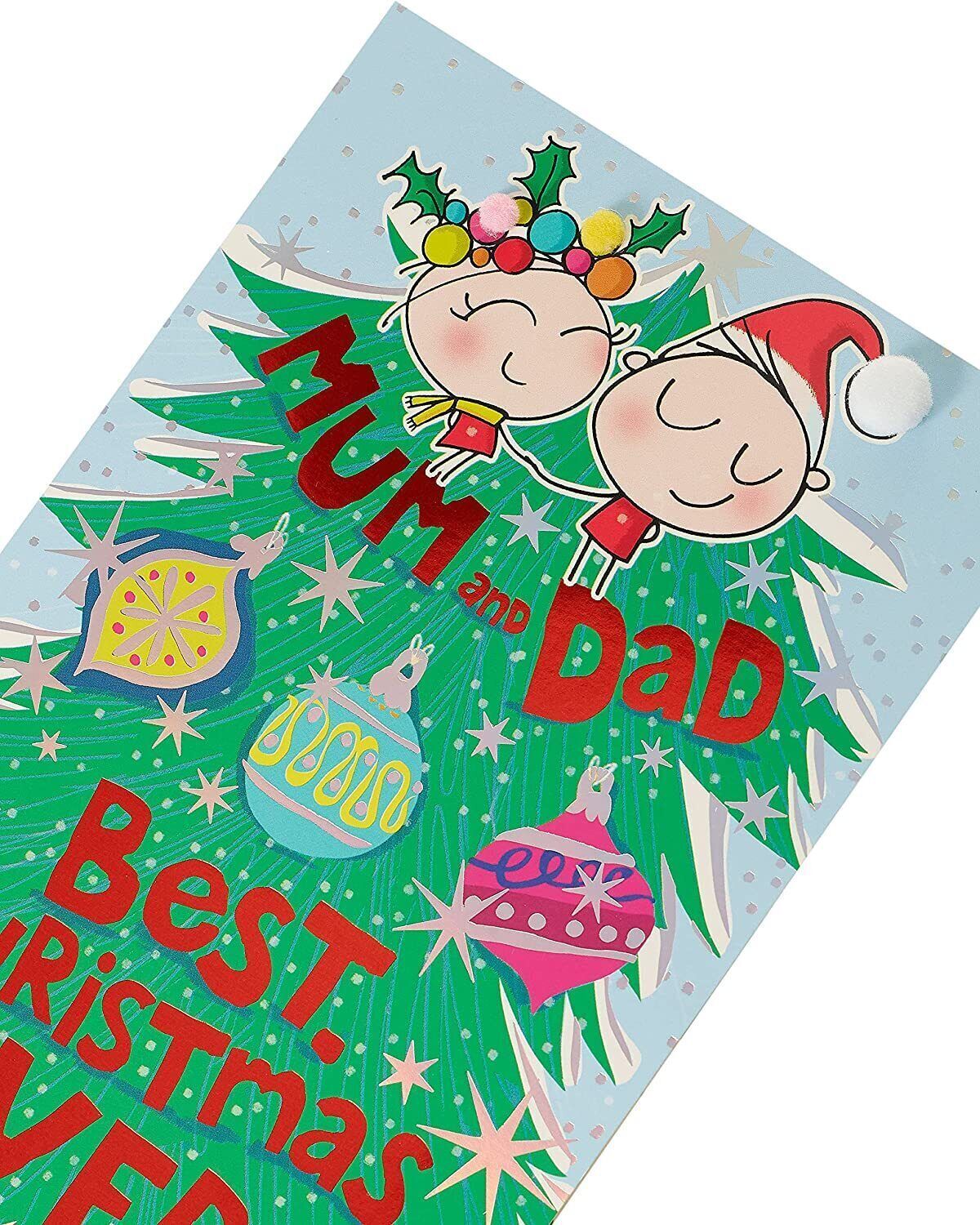 UK Greetings Wig Wam Mum and Dad Christmas card featuring colorful, festive illustration with cheerful holiday message.