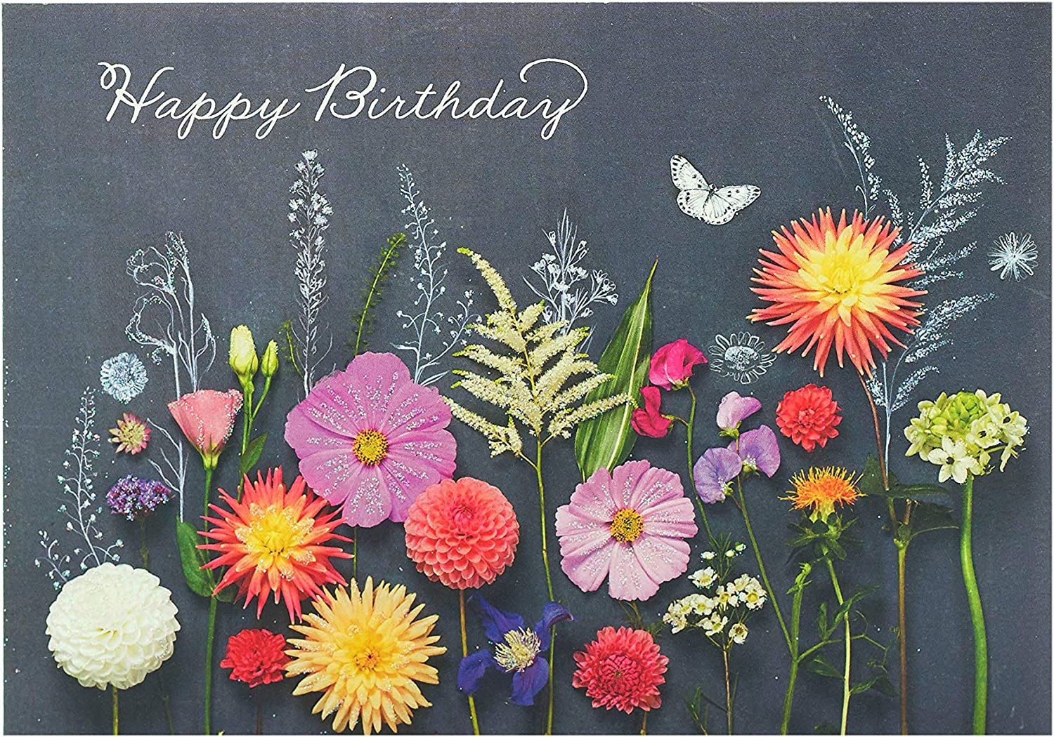 UK Greetings Wildflowers birthday greeting card featuring vibrant wildflower illustrations on a black background.