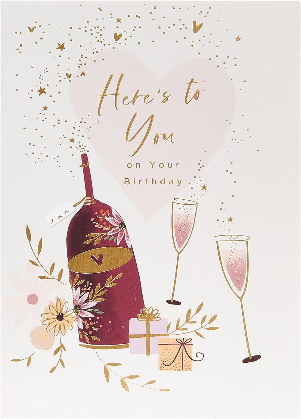 UK Greetings birthday greeting card featuring a wine bottle, glasses, and presents illustration.