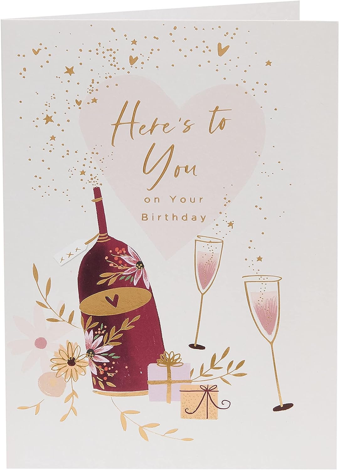 UK Greetings birthday greeting card featuring a wine bottle, glasses, and presents, perfect for celebrating special occasions.