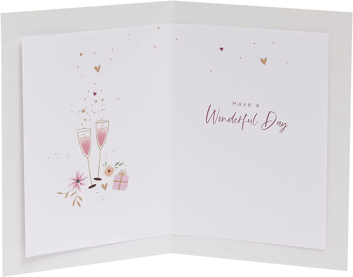 UK Greetings birthday greeting card featuring a wine bottle, glasses, and presents illustration.