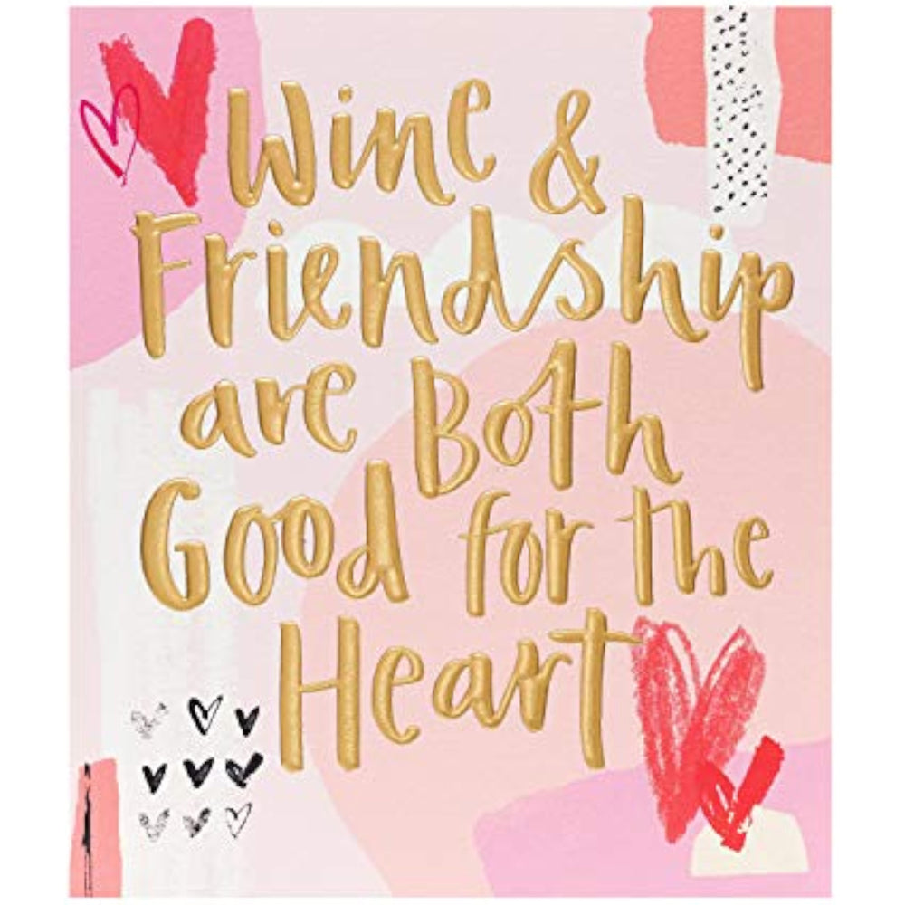 UK Greetings wine design Valentine's Day card featuring a friendly message and colorful wine-themed illustrations.