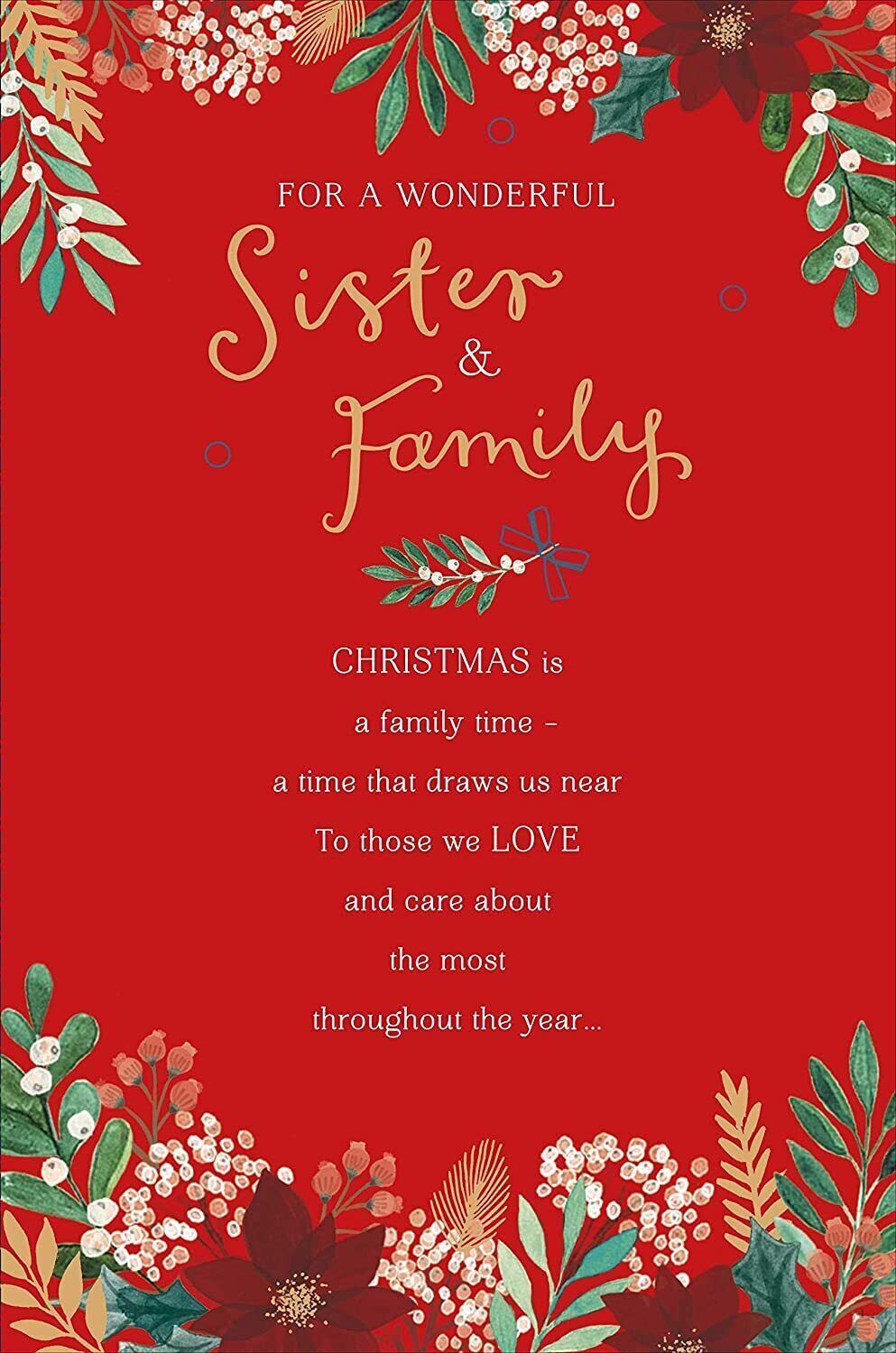 UK Greetings Wonderful Sister and Family Christmas greeting card featuring festive holiday designs and traditional Christmas imagery.