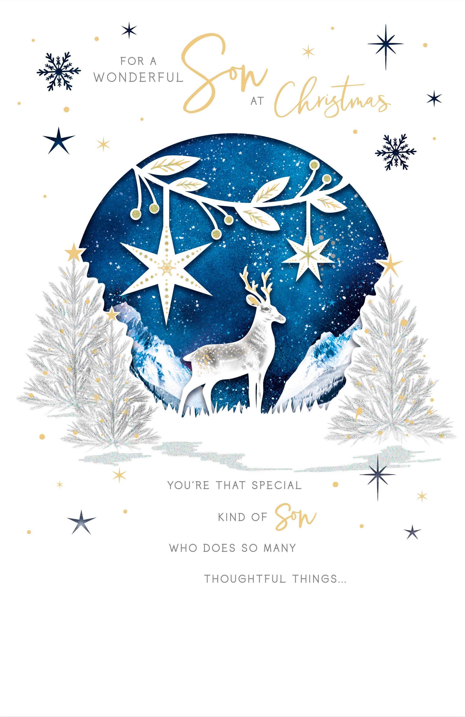 UK Greetings Wonderful Son Christmas Card featuring a white and blue stag design, ideal for holiday greeting celebrations.