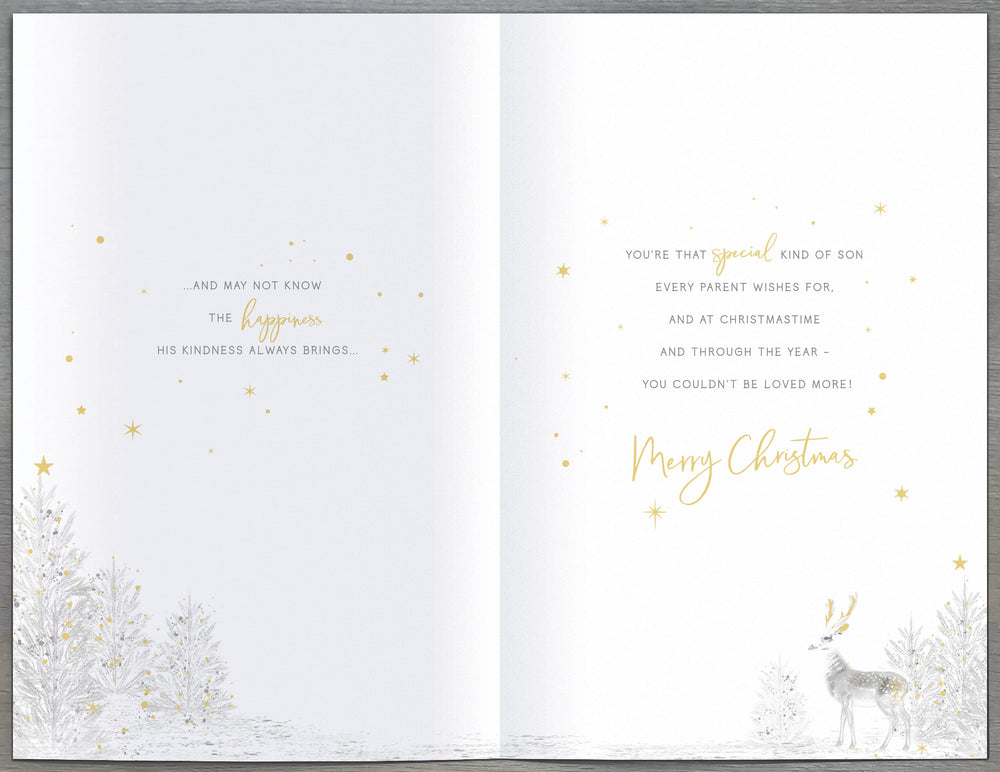 UK Greetings Wonderful Son Christmas card featuring a white stag and blue accents, ideal for holiday greetings and celebrations.