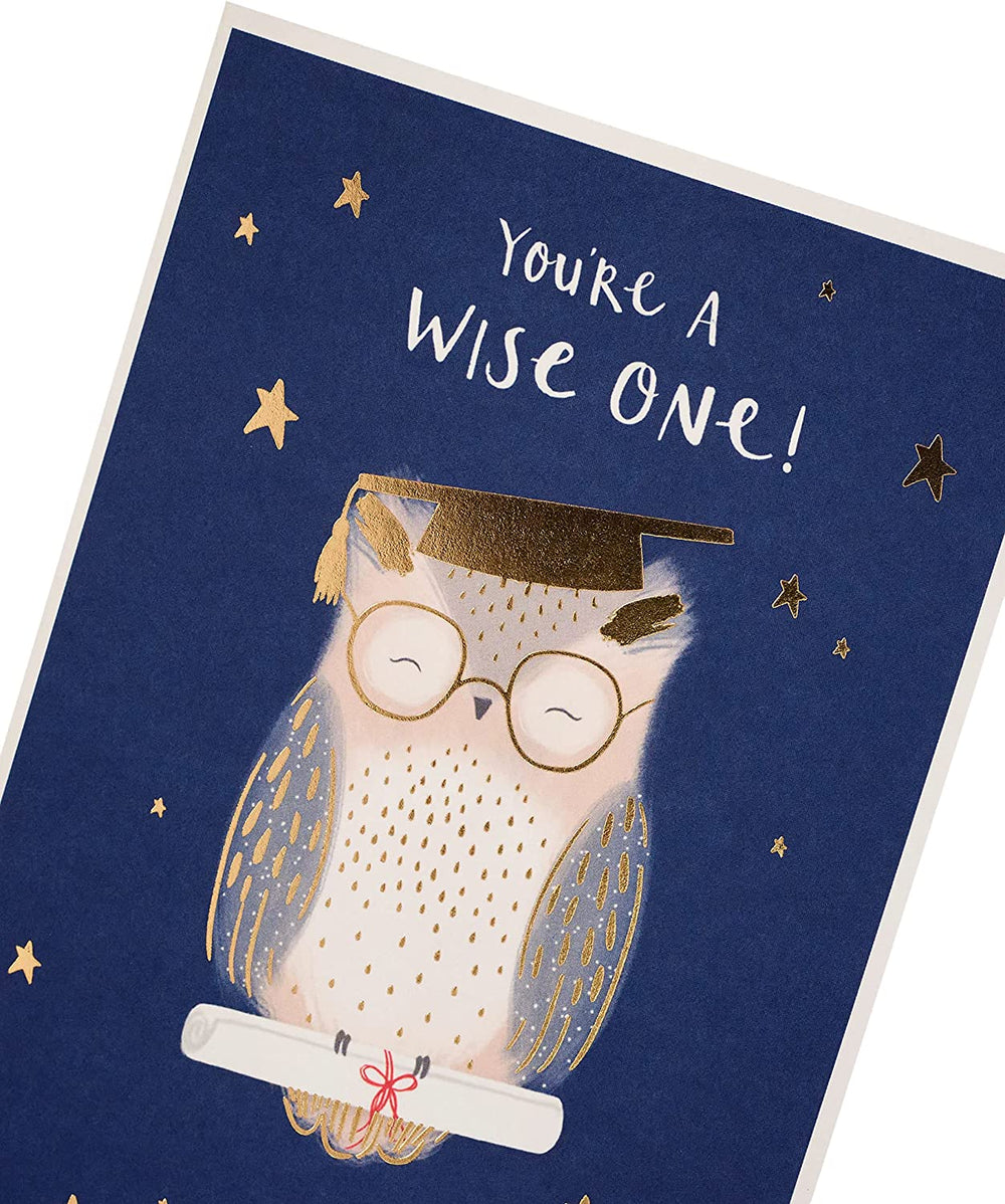 UK Greetings graduation card celebrating GCSE, A-level, and university exam success with a congratulatory design.