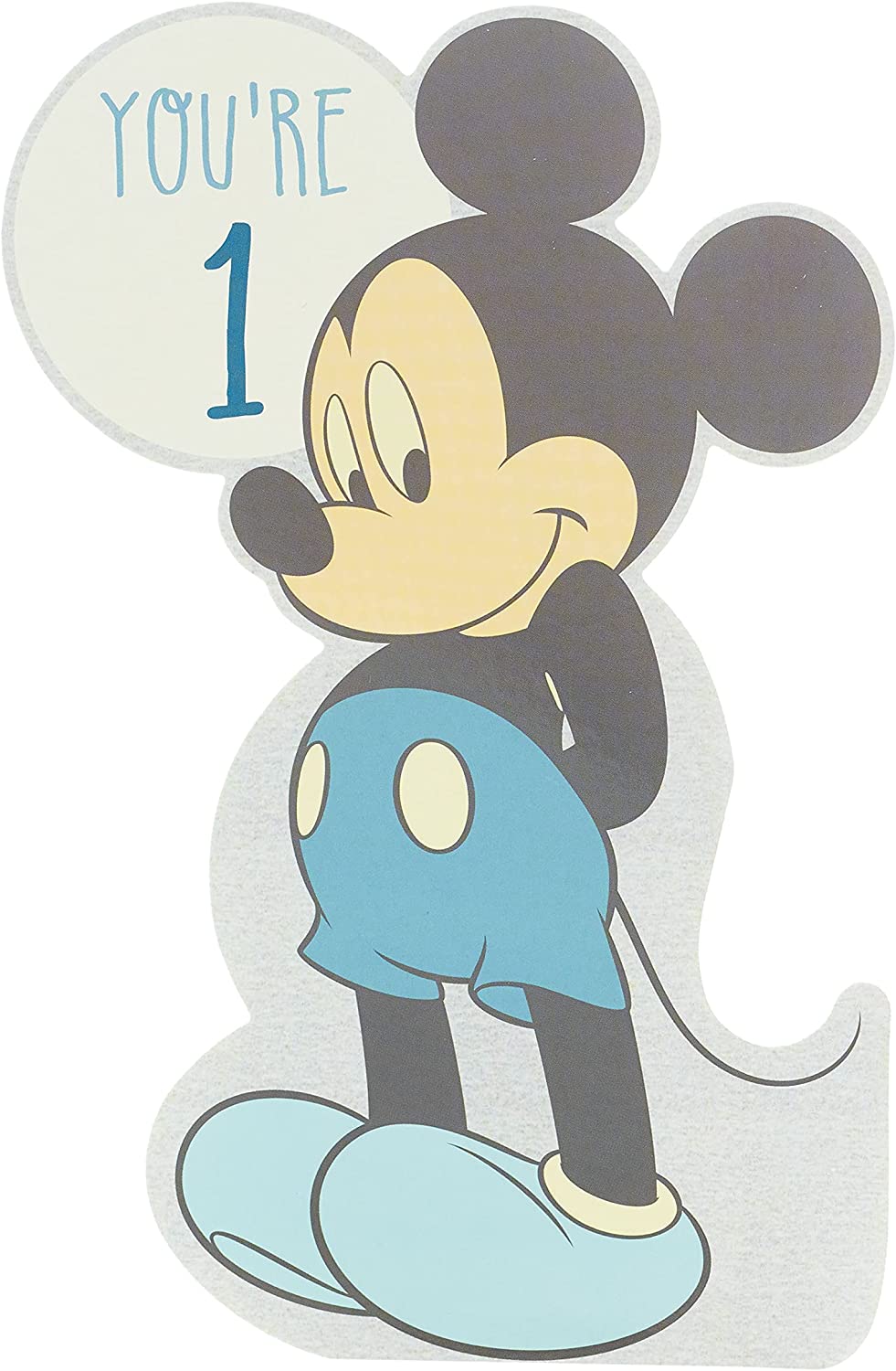 UK Greetings Disney Mickey Mouse baby boy birthday card with die-cut design and colorful Mickey illustration.