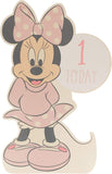 Disney Minnie Mouse birthday card by UK Greetings featuring a die-cut design for a baby girl’s 1st birthday celebration.