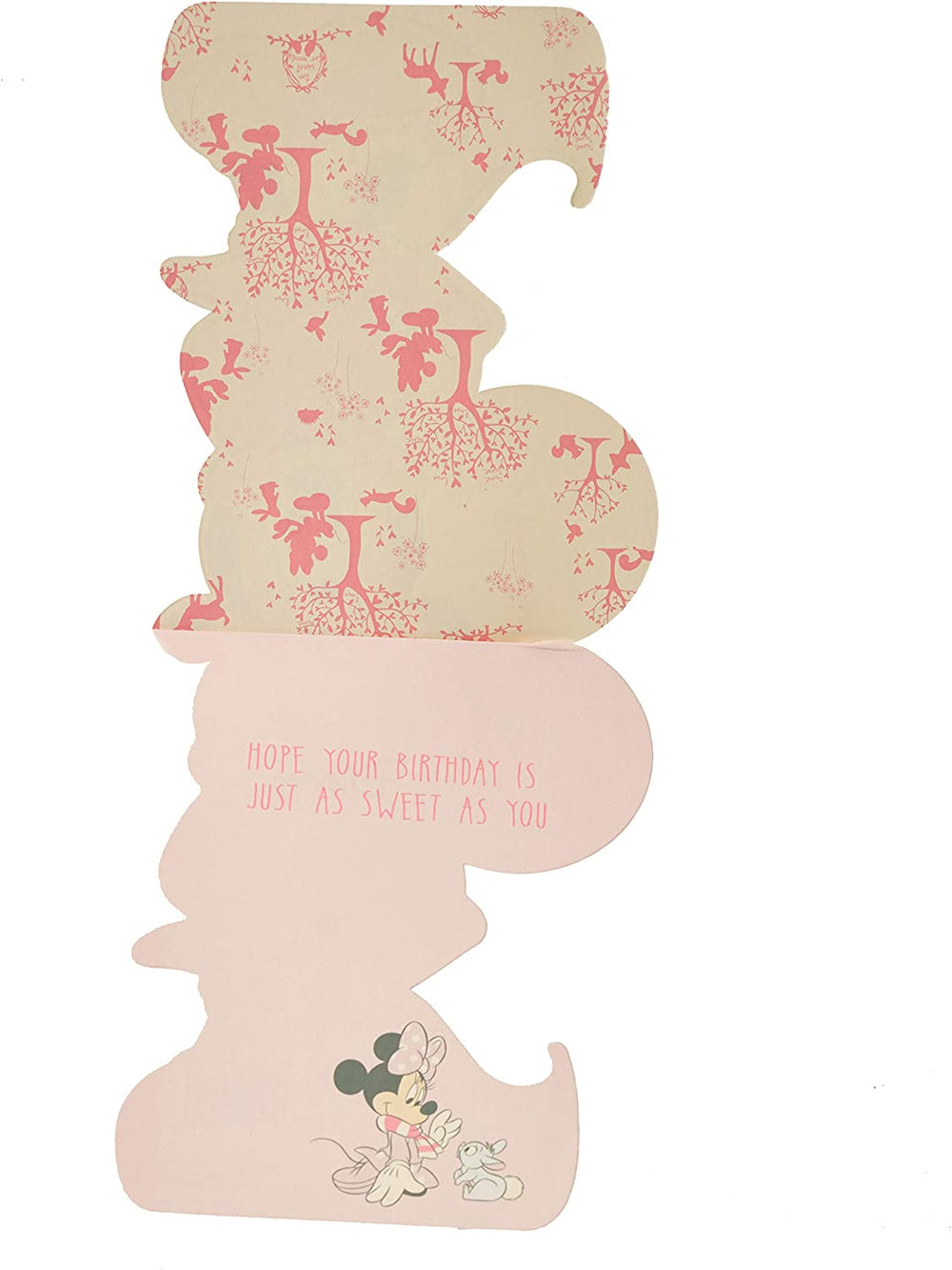 UK Greetings Disney Minnie Mouse baby girl birthday card with die-cut design, featuring colorful Minnie Mouse graphics.