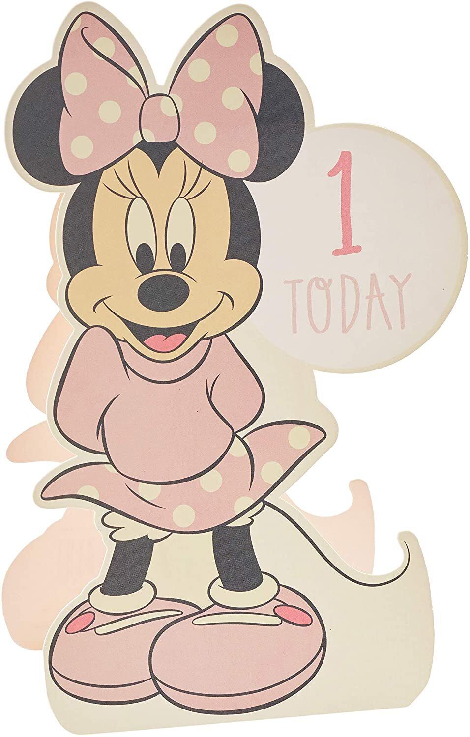 Disney Minnie Mouse baby girl birthday card by UK Greetings with die-cut design for first birthday celebration.