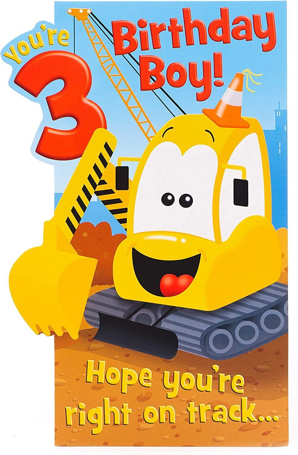 UK Greetings birthday greeting card for a 3-year-old boy, featuring playful design and cheerful message on the front.