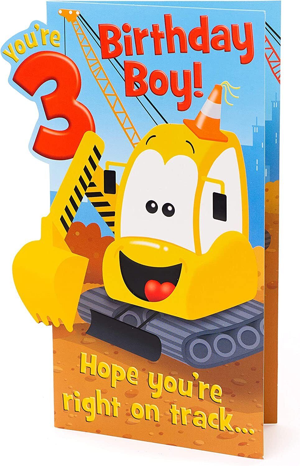UK Greetings birthday card for a 3-year-old boy featuring a cheerful design and playful message.