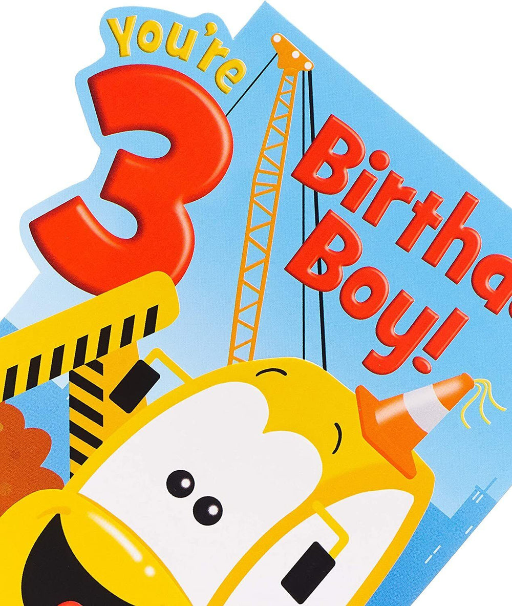 UK Greetings birthday greeting card for a 3-year-old boy featuring playful design and cheerful message for his special day.