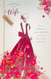 UK Greetings Valentine's Day greeting card featuring a woman in a red dress, roses, 3D embellishments, sequins, glitter, and heartfelt verse.
