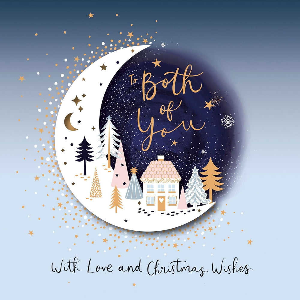 UK Greetings luxury Christmas greeting card featuring a 3D crescent moon cut-out design with festive holiday imagery.