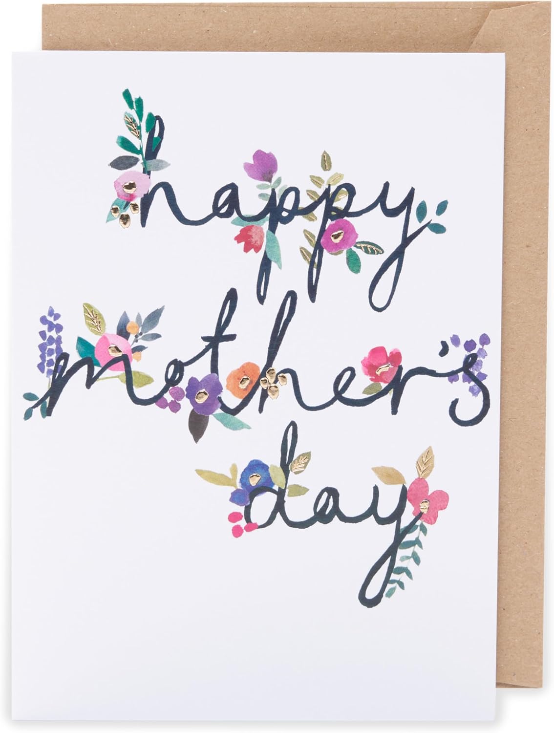 UK Greetings Mother's Day card with floral text saying "Happy Mother's Day" on a colorful, elegant greeting card design.
