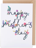 UK Greetings Mother's Day card with floral text saying "Happy Mother's Day" on a colorful, elegant greeting card design.