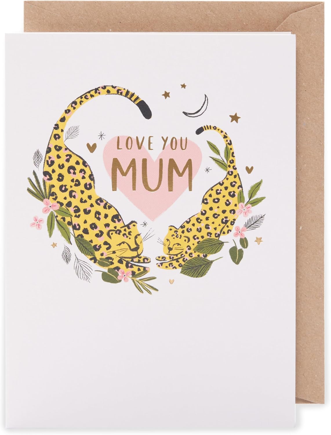 UK Greetings Mother's Day card featuring playful leopard design and "Love You Mum" message, perfect for celebrating moms.